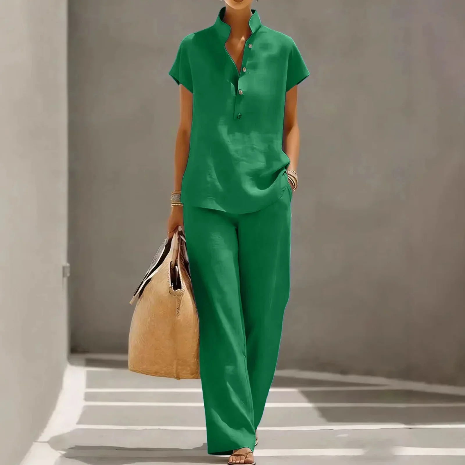 Women's two-piece set - linen cotton fabric - wide-leg pants summer