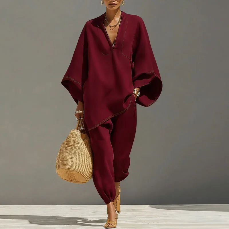 Women's matching set - sexy loose V-neck pullover - tapered pants resort