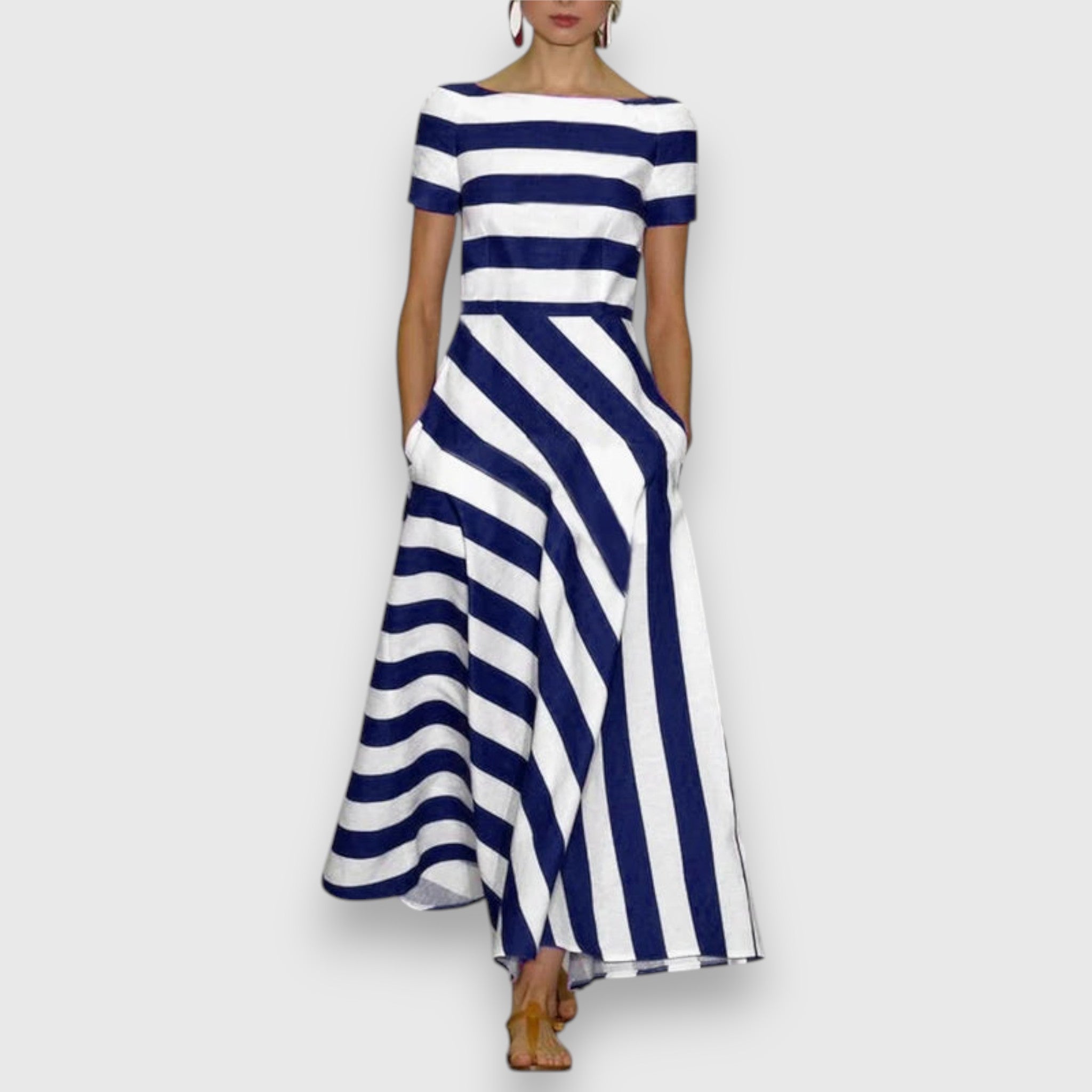 Women's striped boat neck dress — midi A-line dress with side pockets