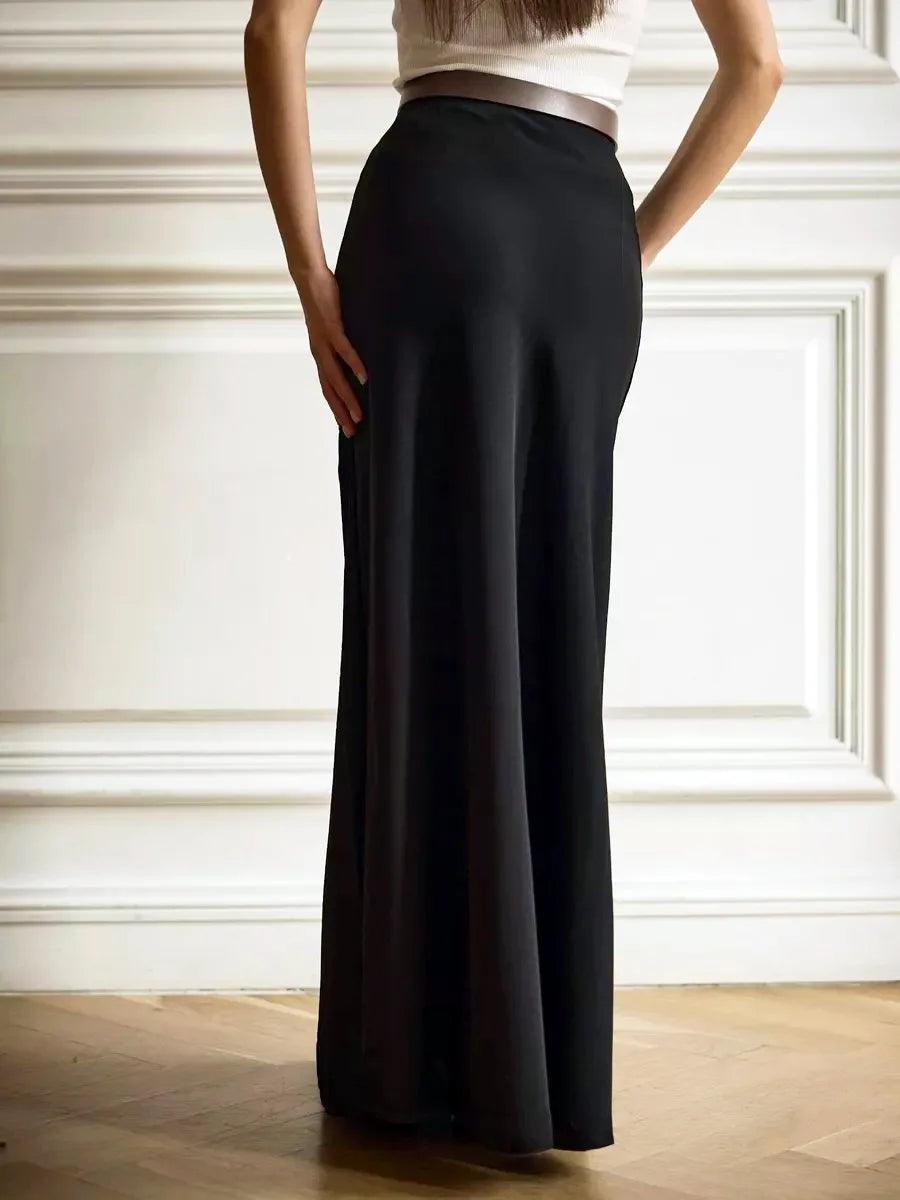 Women's satin maxi skirt — fishtail hem high waist — evening gala