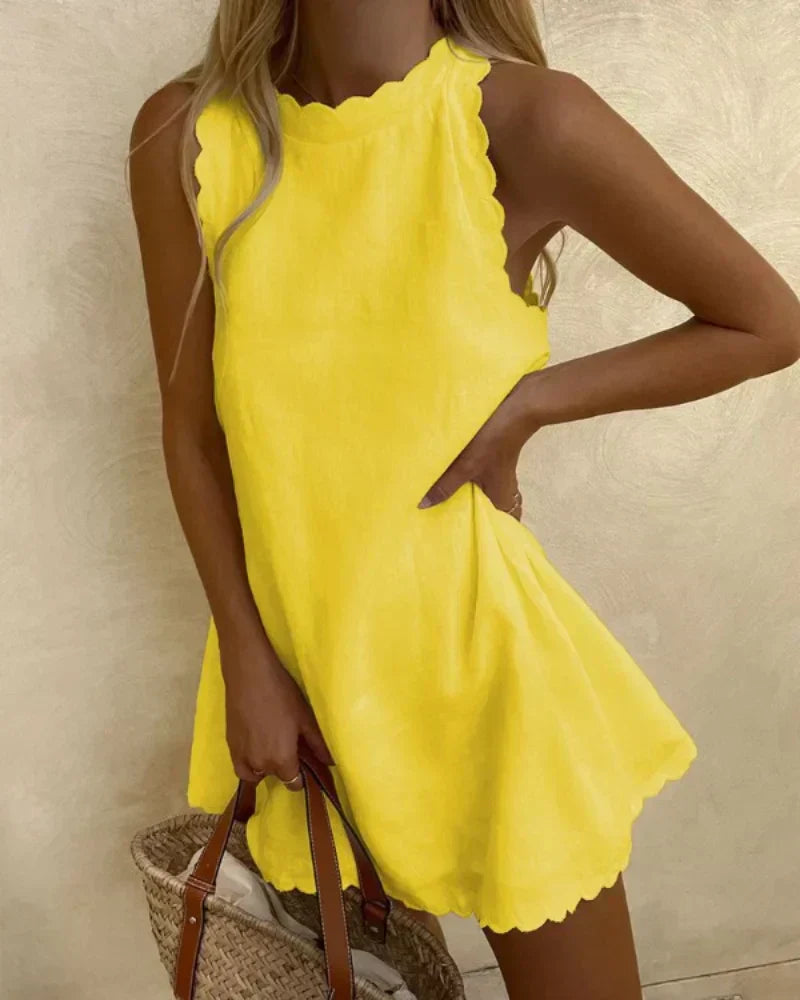 Sleeveless High-Neck Scalloped Mini Dress