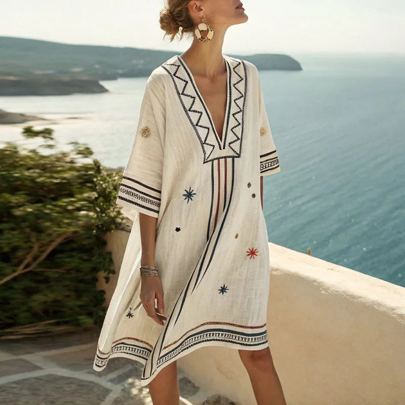 Women's kimono beach dress with embroidery and V-neck