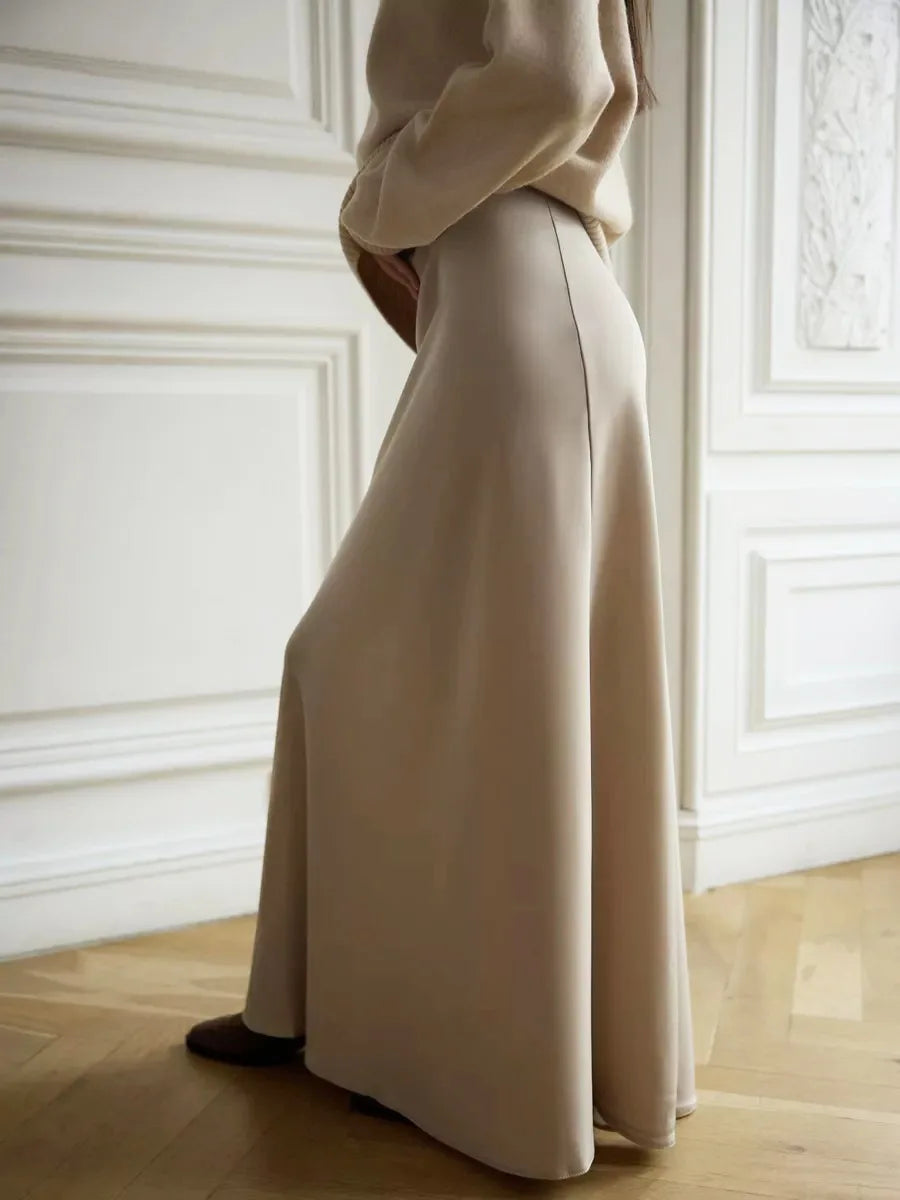 Women's satin maxi skirt — fishtail hem high waist — evening gala