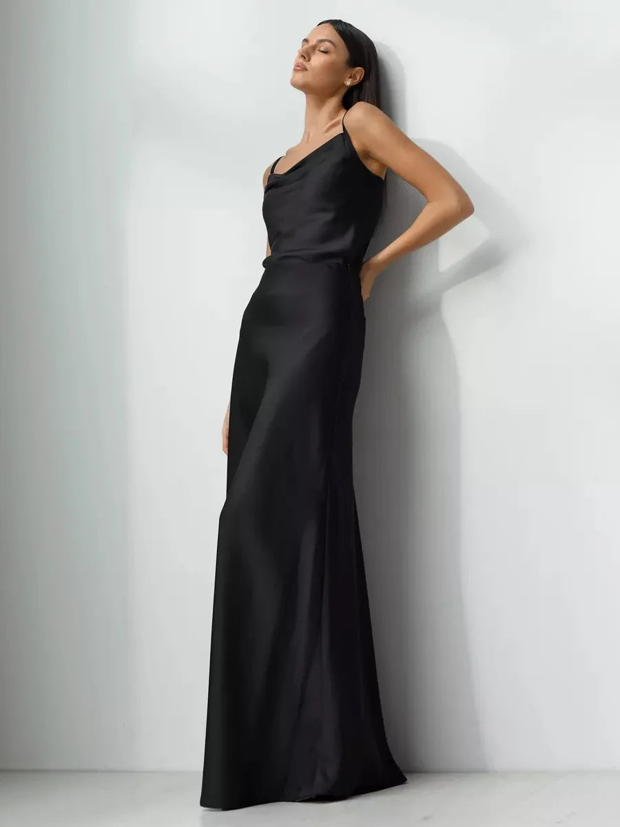 Women's satin maxi skirt — fishtail hem high waist — evening gala