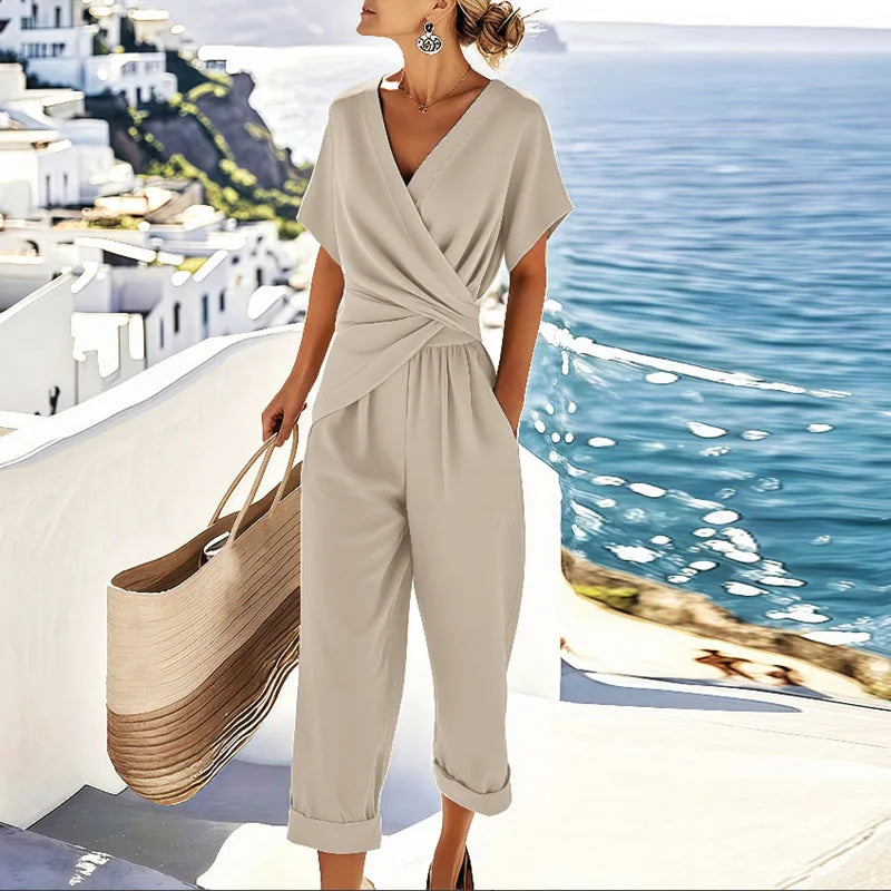 Women's two-piece pants set - wrap front top summer outings