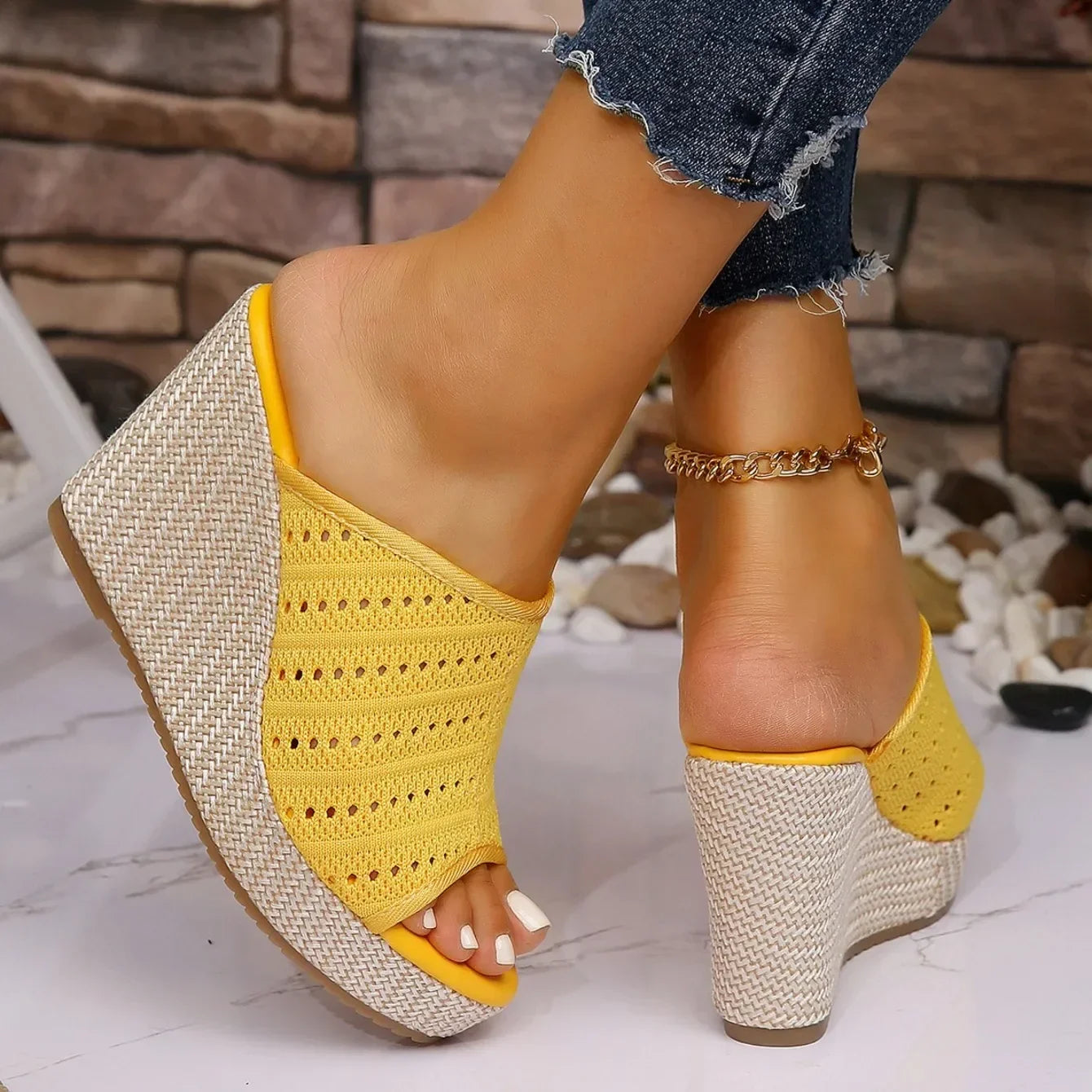 Women's Slide Wedge Sandals Open Toe Mesh Platform Cushioned Walking Shoes