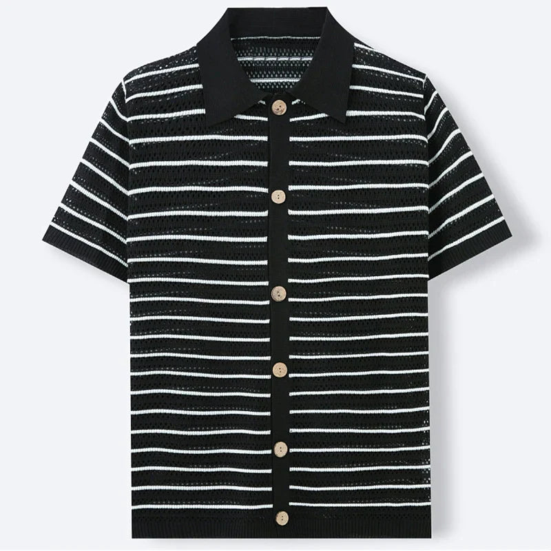 Men's knit polo shirt — open-knit texture — short sleeve vacation top