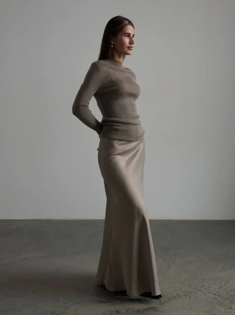 Women's satin maxi skirt — fishtail hem high waist — evening gala