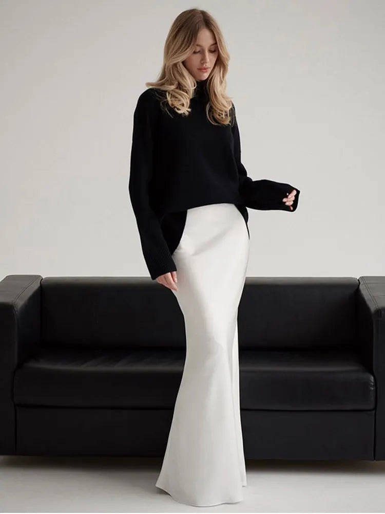 Women's satin maxi skirt — fishtail hem high waist — evening gala