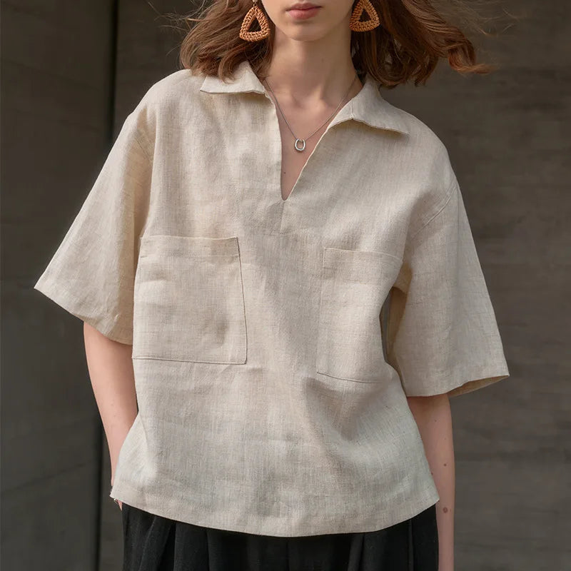 Women's linen polo shirt — loose fit short sleeve — casual daily holiday