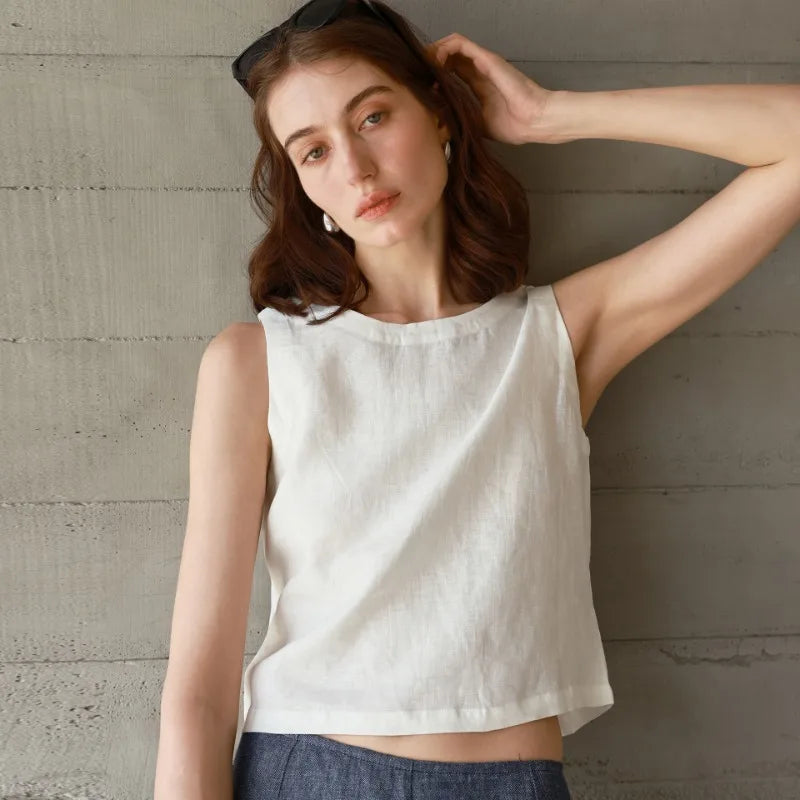 Women's reversible linen crop top — sleeveless — summer holiday