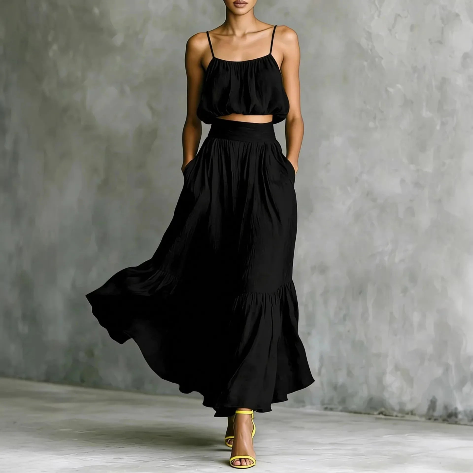 Women's spaghetti strap crop top and maxi skirt set — ruffle hem — beach holiday