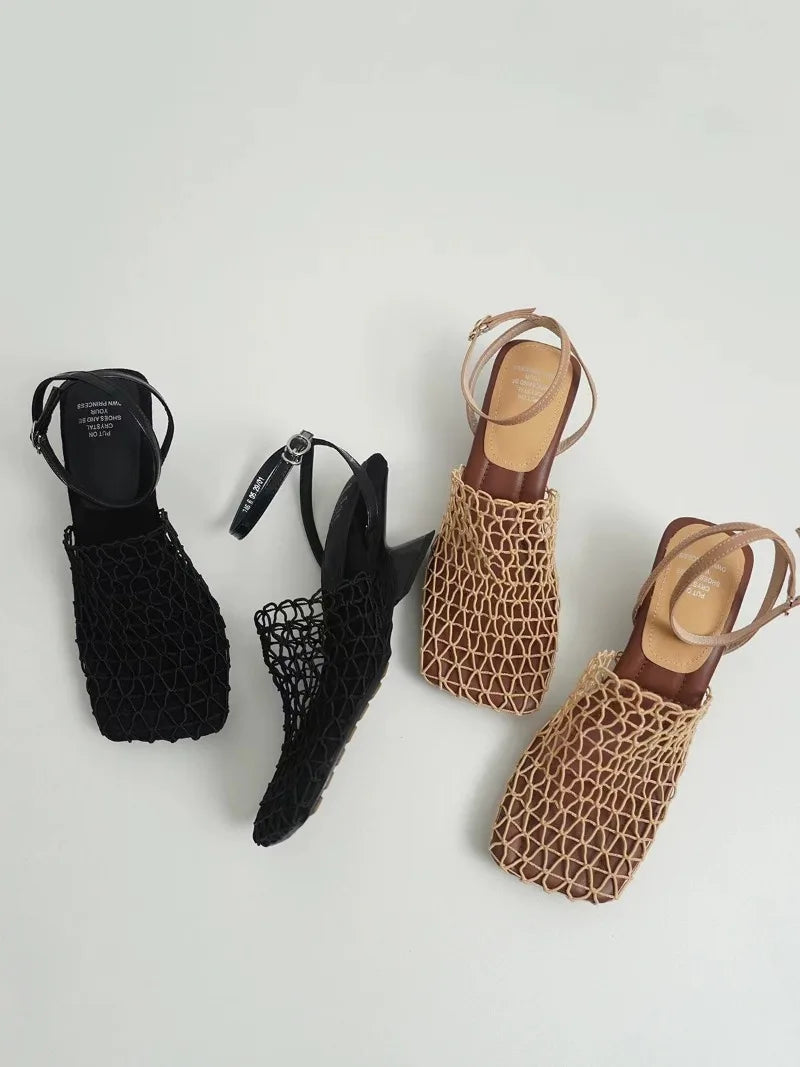 Square Toe Mesh Ankle Strap Heels