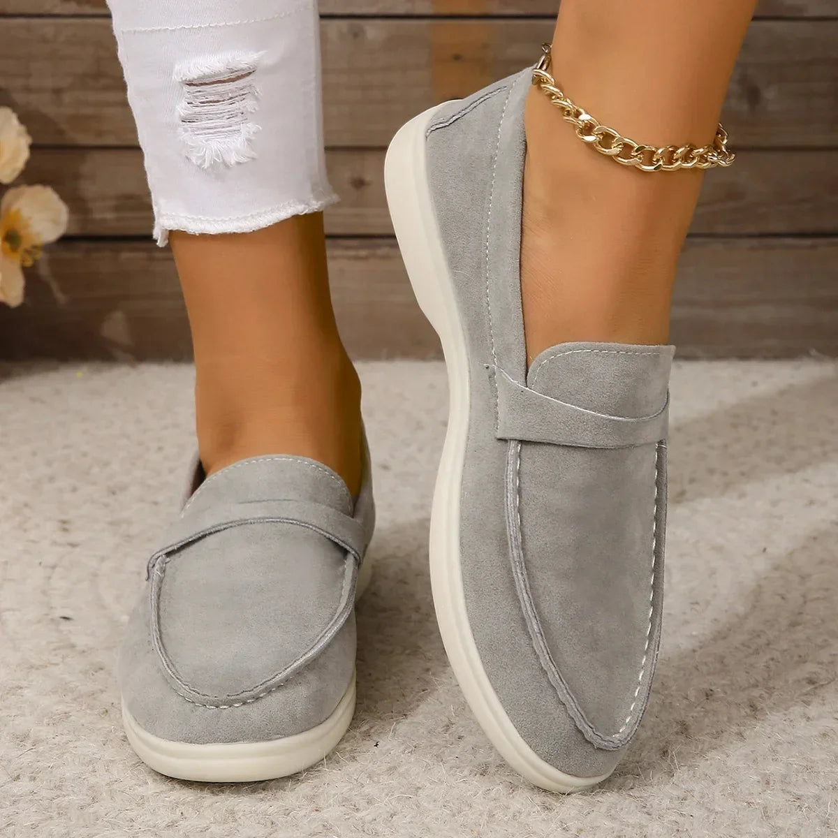 Women's Loafers Suede Slip On Cushioned Insole Rubber Sole Office Casual