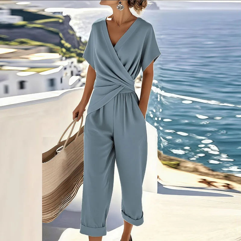 Women's two-piece pants set - wrap front top summer outings