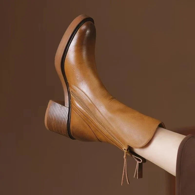 Women's Ankle Boots Leather High Heel Metal Zipper Shock Absorbing Sole Evening
