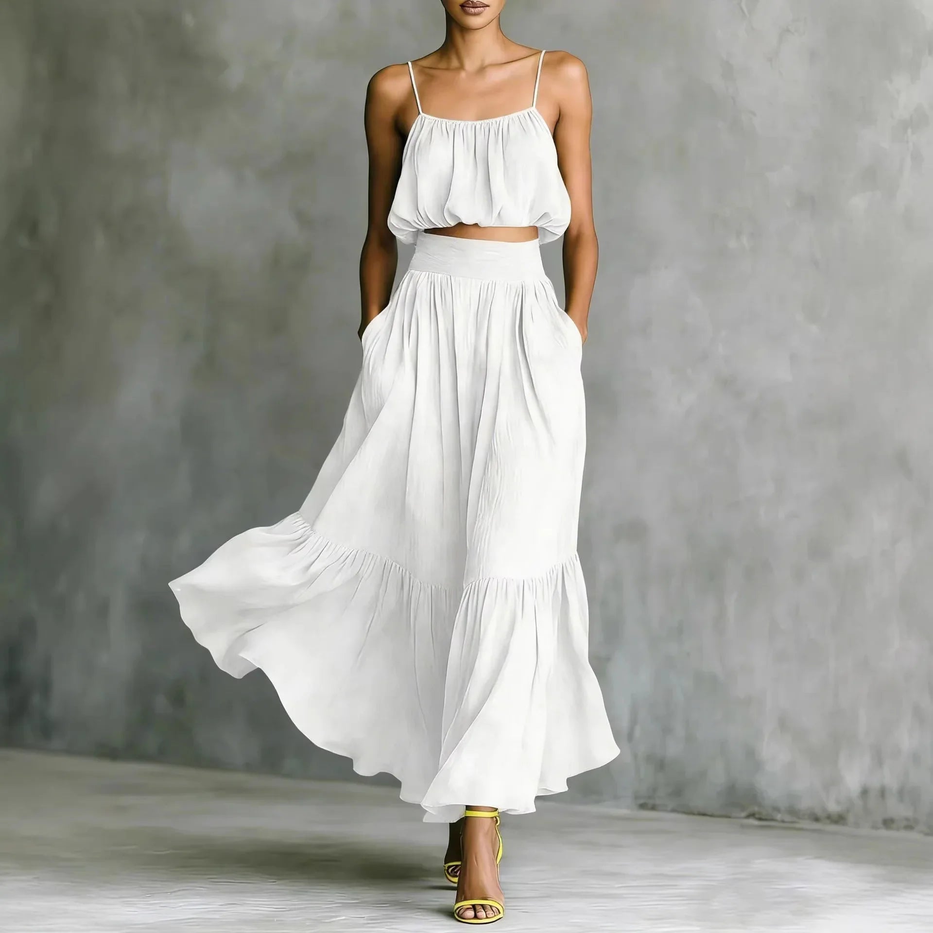 Women's spaghetti strap crop top and maxi skirt set — ruffle hem — beach holiday