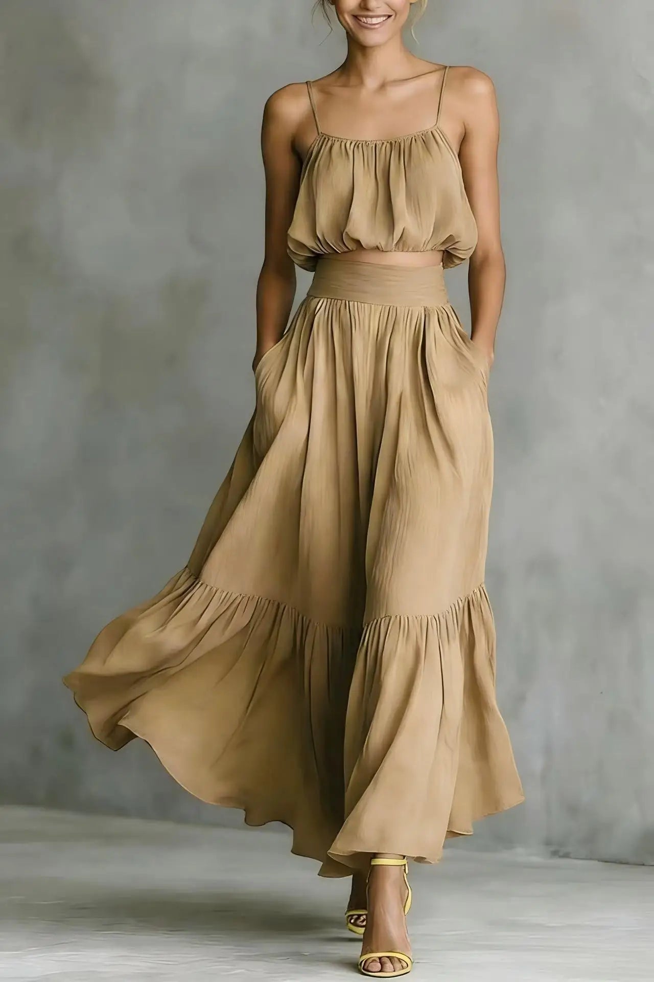 Women's spaghetti strap crop top and maxi skirt set — ruffle hem — beach holiday