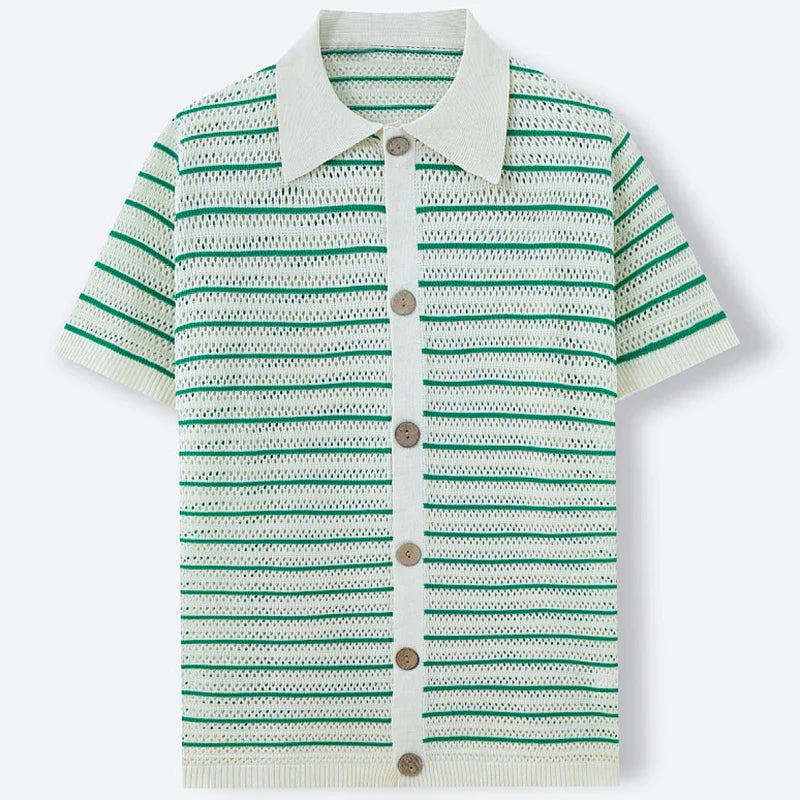 Men's knit polo shirt — open-knit texture — short sleeve vacation top