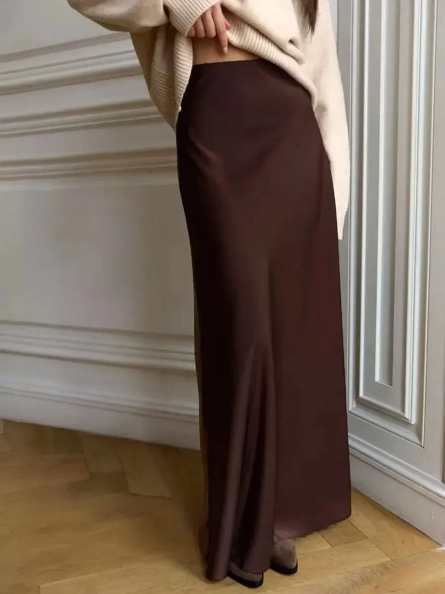 Women's satin maxi skirt — fishtail hem high waist — evening gala