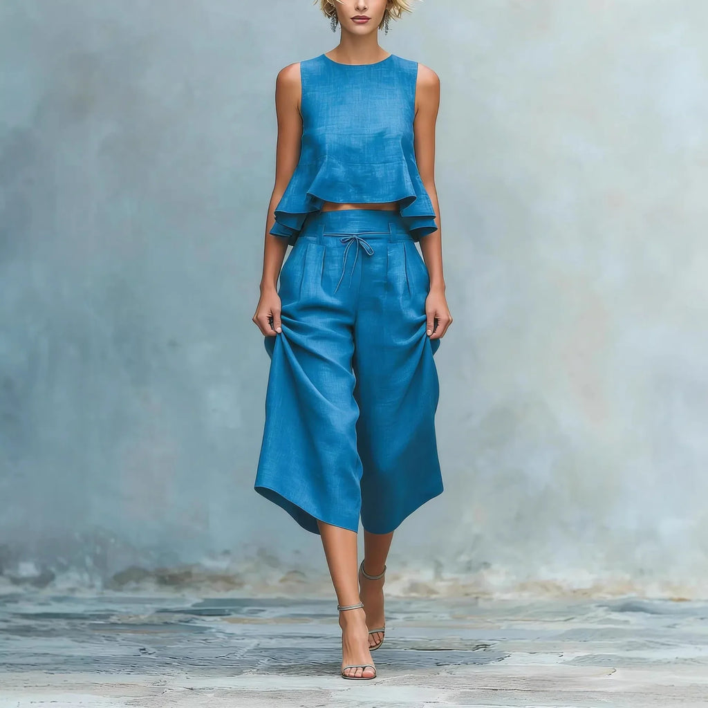 Women's crop top two-piece set | cotton linen wide leg pant suit
