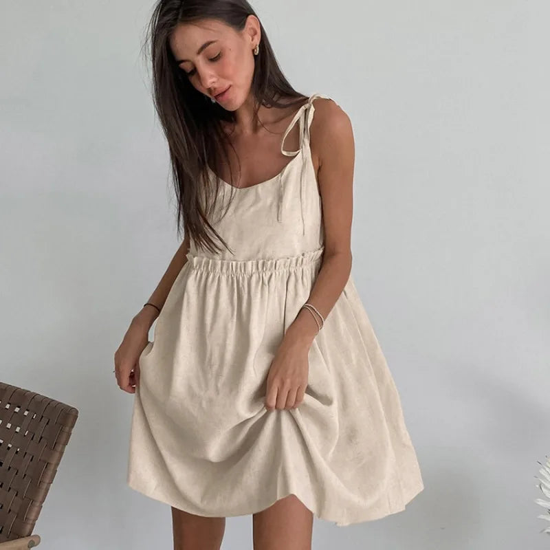 A-Line Cotton Linen Knee-Length Dress