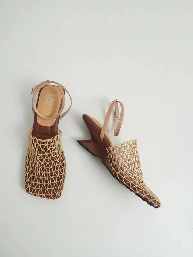 Square Toe Mesh Ankle Strap Heels