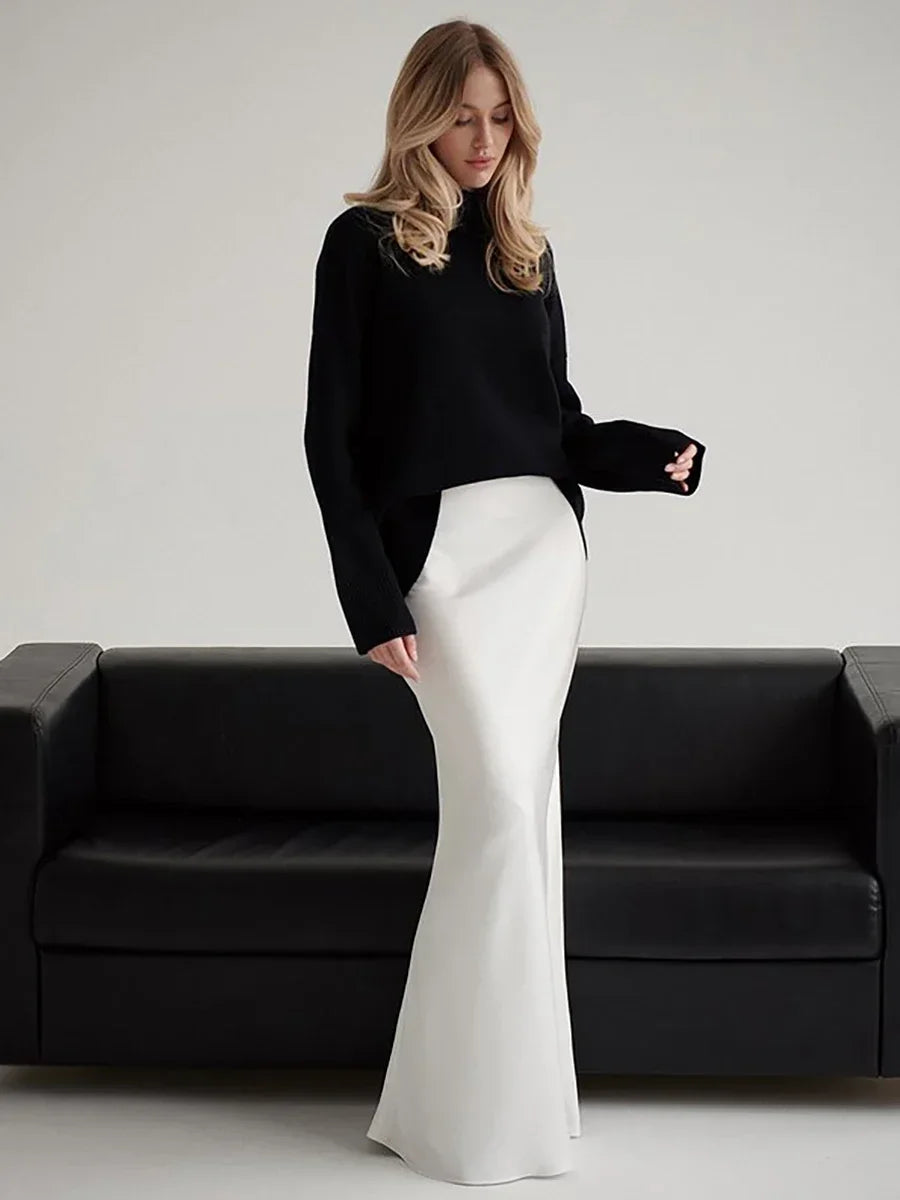 Women's satin maxi skirt — fishtail hem high waist — evening gala