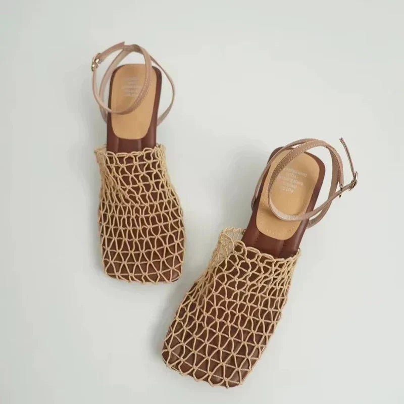 Square Toe Mesh Ankle Strap Heels