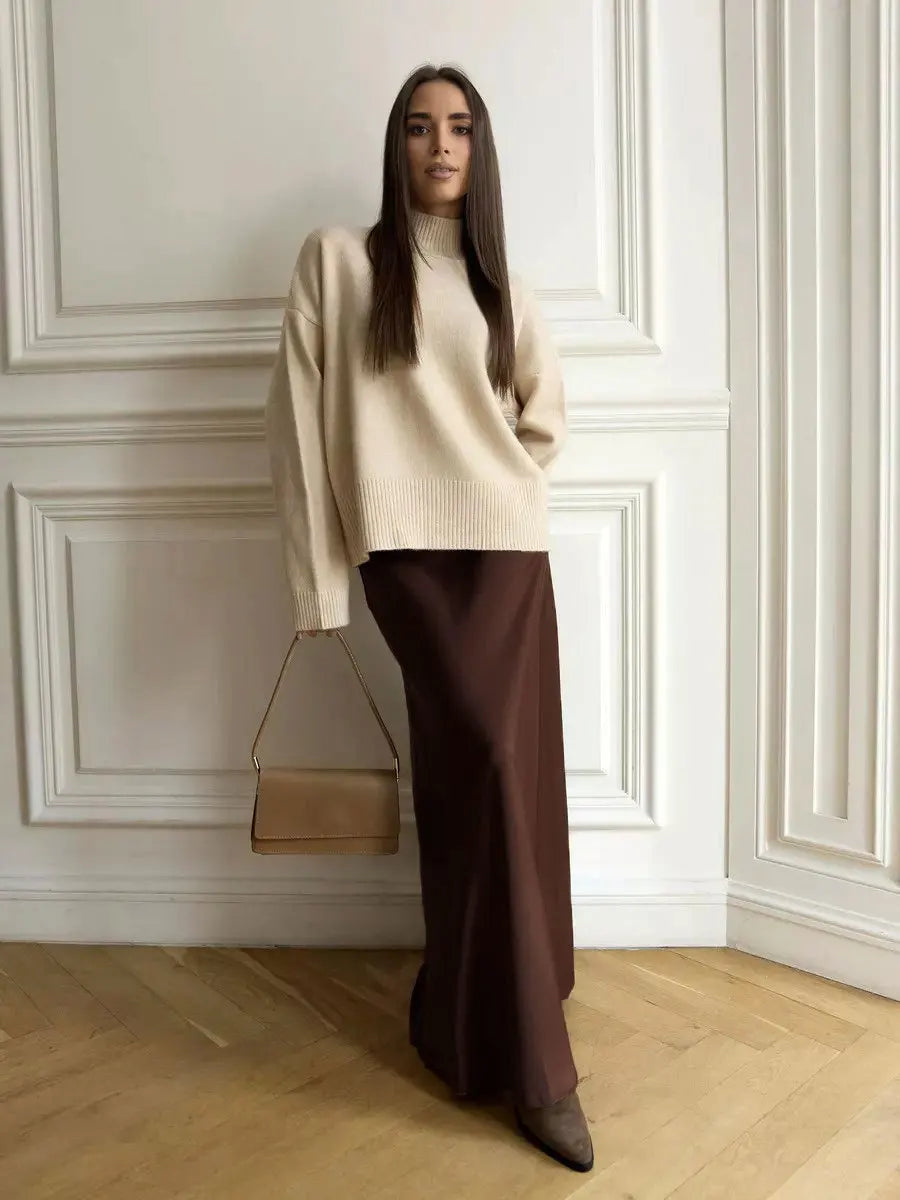 Women's satin maxi skirt — fishtail hem high waist — evening gala