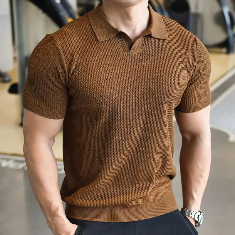 Men's textured polo shirt — slim fit short sleeve top — daily casual style