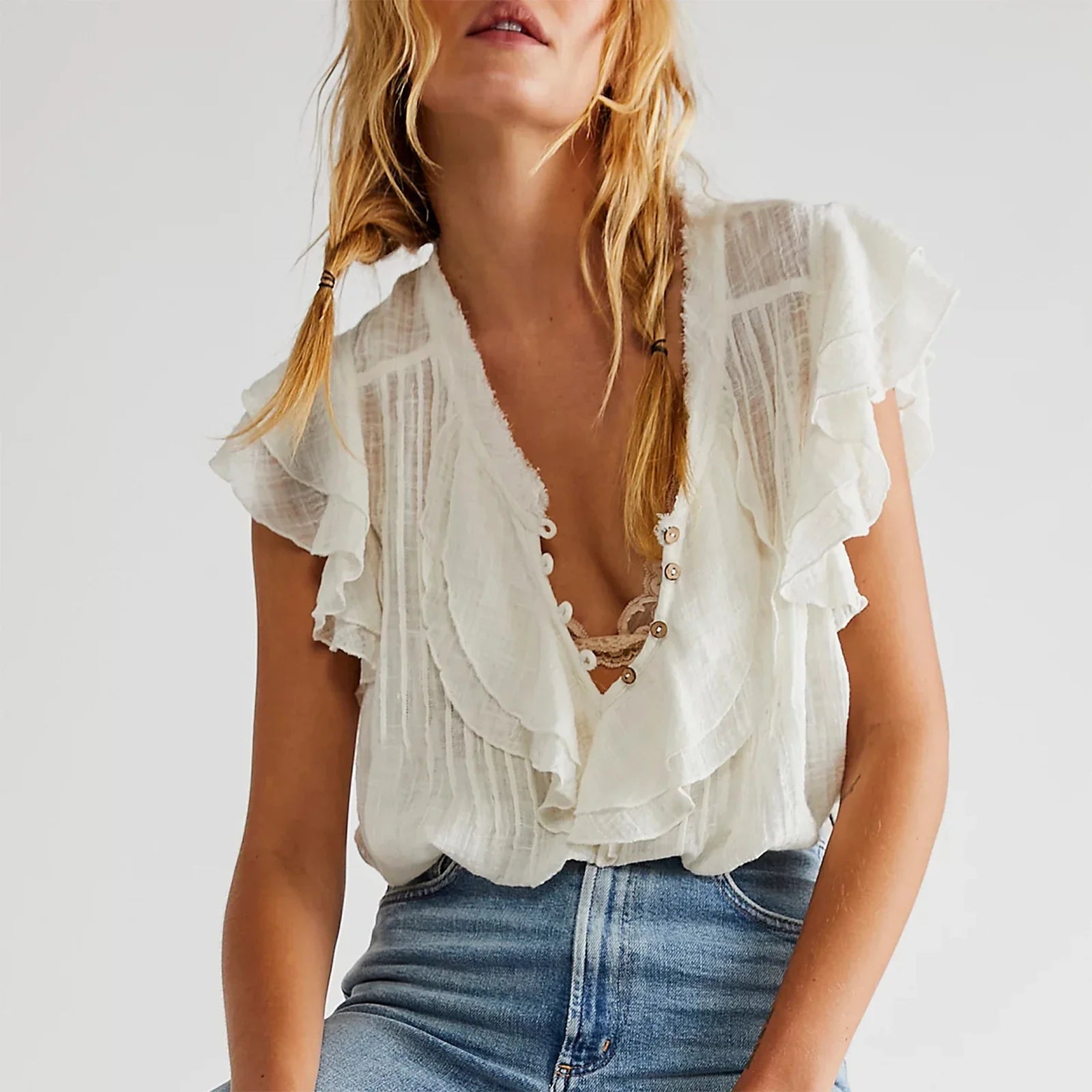 Women's crop top in cotton gauze with ruffle front — beach