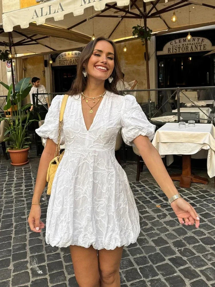 Embroidered Puff Sleeve Mini Dress Deep V-Neck Scalloped Hem Fit and Flare Mini Dress