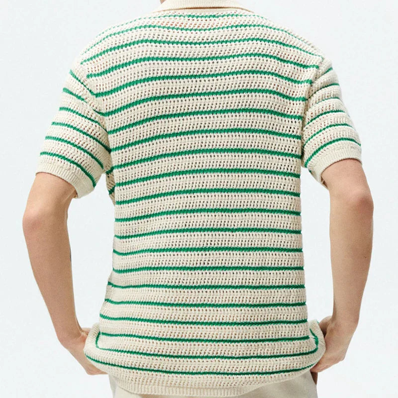 Men's knit polo shirt — open-knit texture — short sleeve vacation top