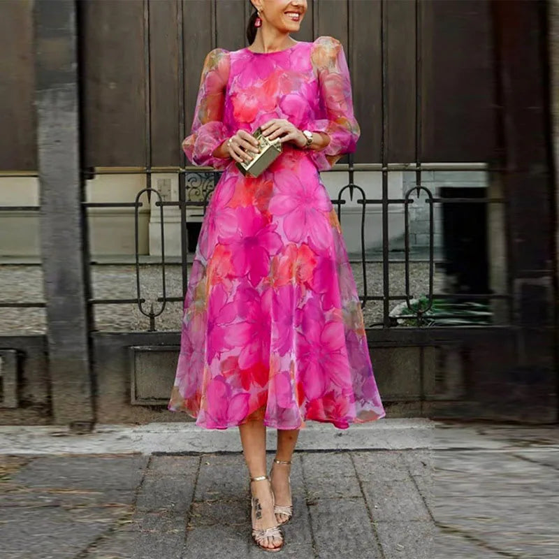 Floral Midi Dress Puff Long Sleeve Round Neck A-Line Wedding Guest Formal Apparel