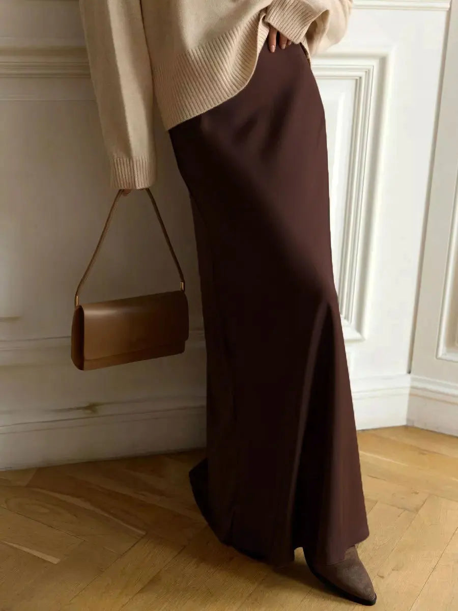 Women's satin maxi skirt — fishtail hem high waist — evening gala