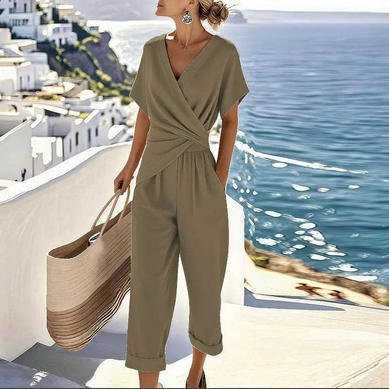 Women's two-piece pants set - wrap front top summer outings