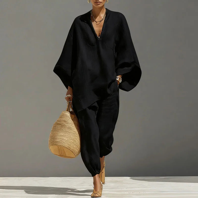 Women's matching set - sexy loose V-neck pullover - tapered pants resort