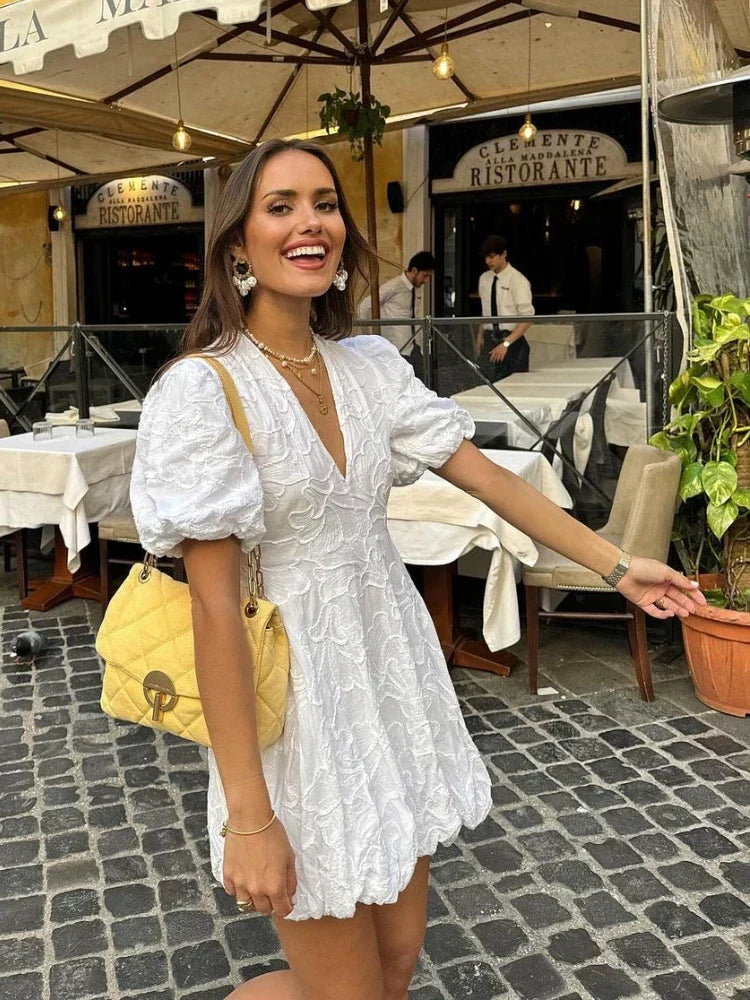 Embroidered Puff Sleeve Mini Dress Deep V-Neck Scalloped Hem Fit and Flare Mini Dress