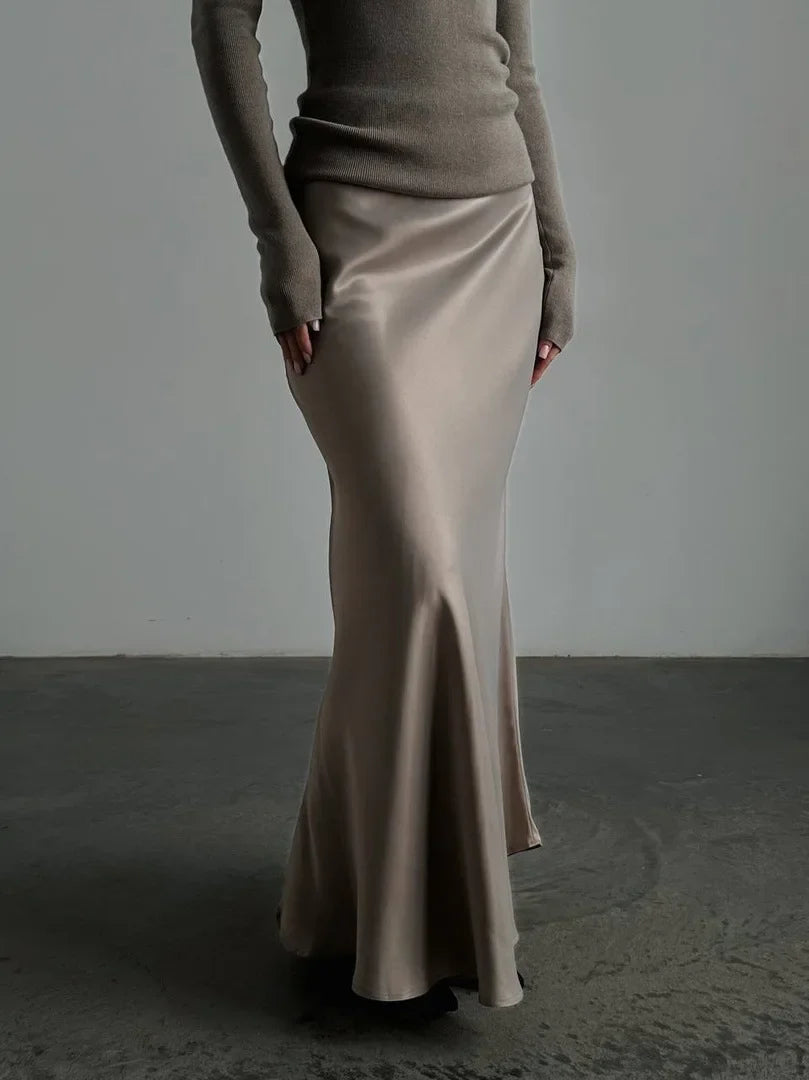 Women's satin maxi skirt — fishtail hem high waist — evening gala