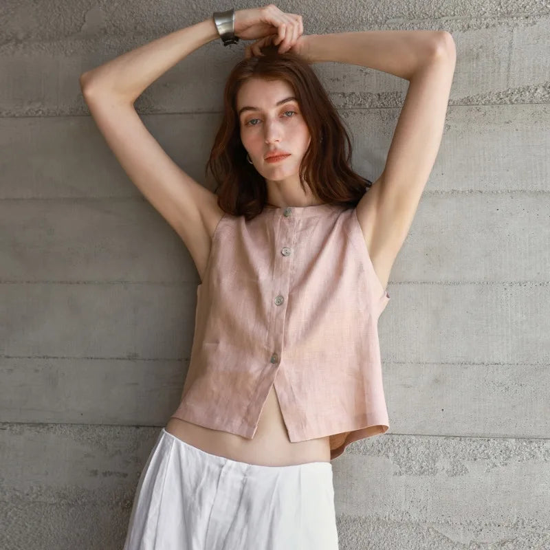 Women's reversible linen crop top — sleeveless — summer holiday