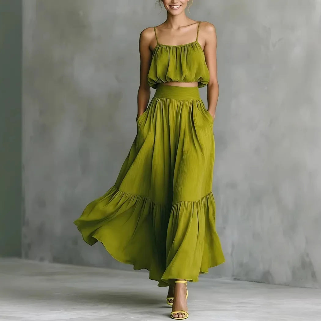 Women's spaghetti strap crop top and maxi skirt set — ruffle hem — beach holiday