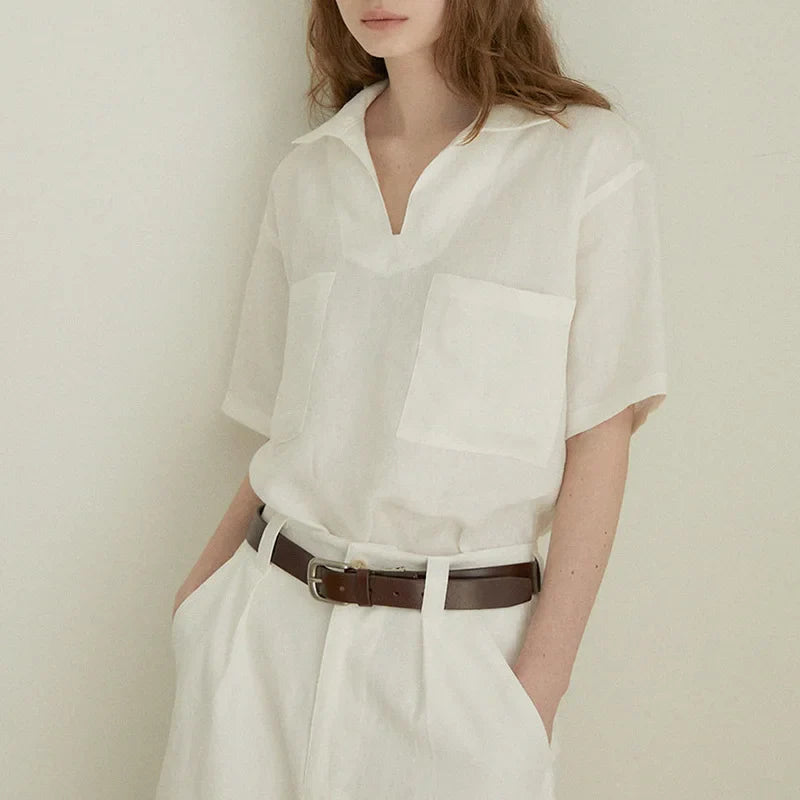 Women's linen polo shirt — loose fit short sleeve — casual daily holiday