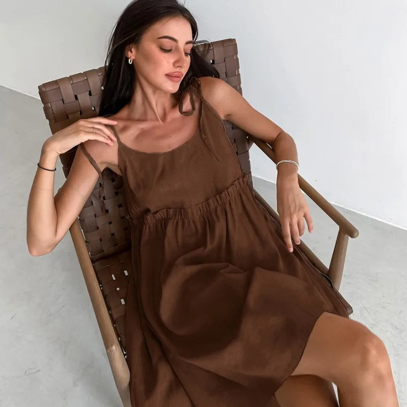 A-Line Cotton Linen Knee-Length Dress