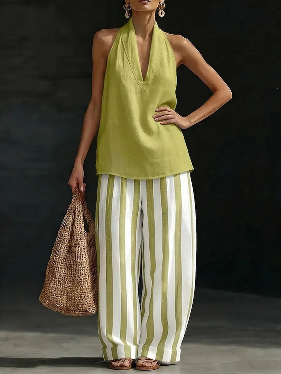 Women's Matching Set Linen Halter Tank Wide Leg Trousers Summer