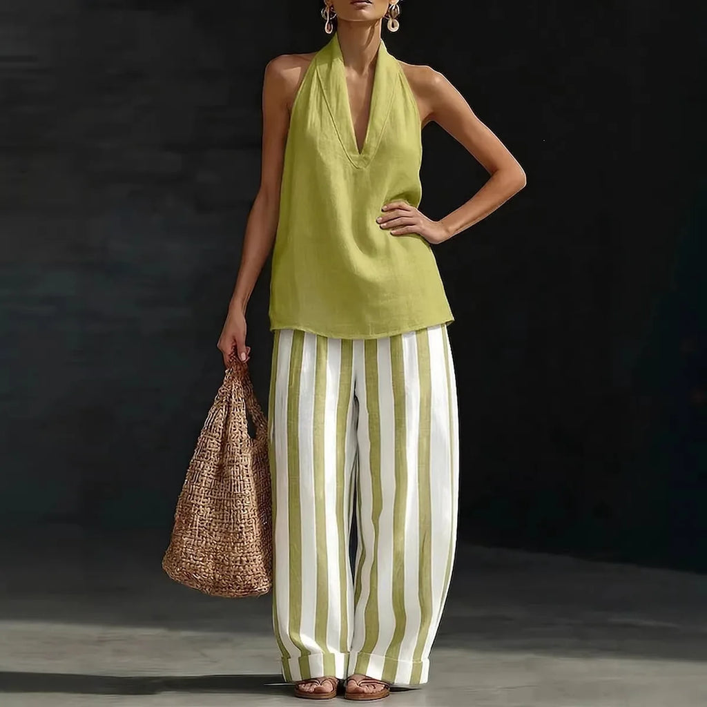 Women's Matching Set Linen Halter Tank Wide Leg Trousers Summer