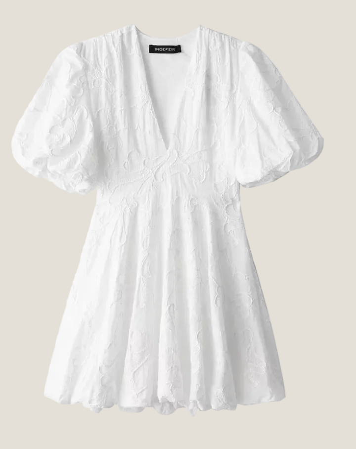Embroidered Puff Sleeve Mini Dress Deep V-Neck Scalloped Hem Fit and Flare Mini Dress