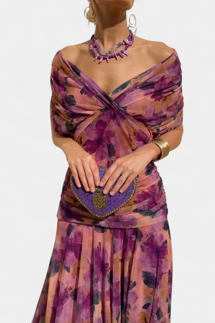 Floral midi gown | V-neck long dress for formal occasions