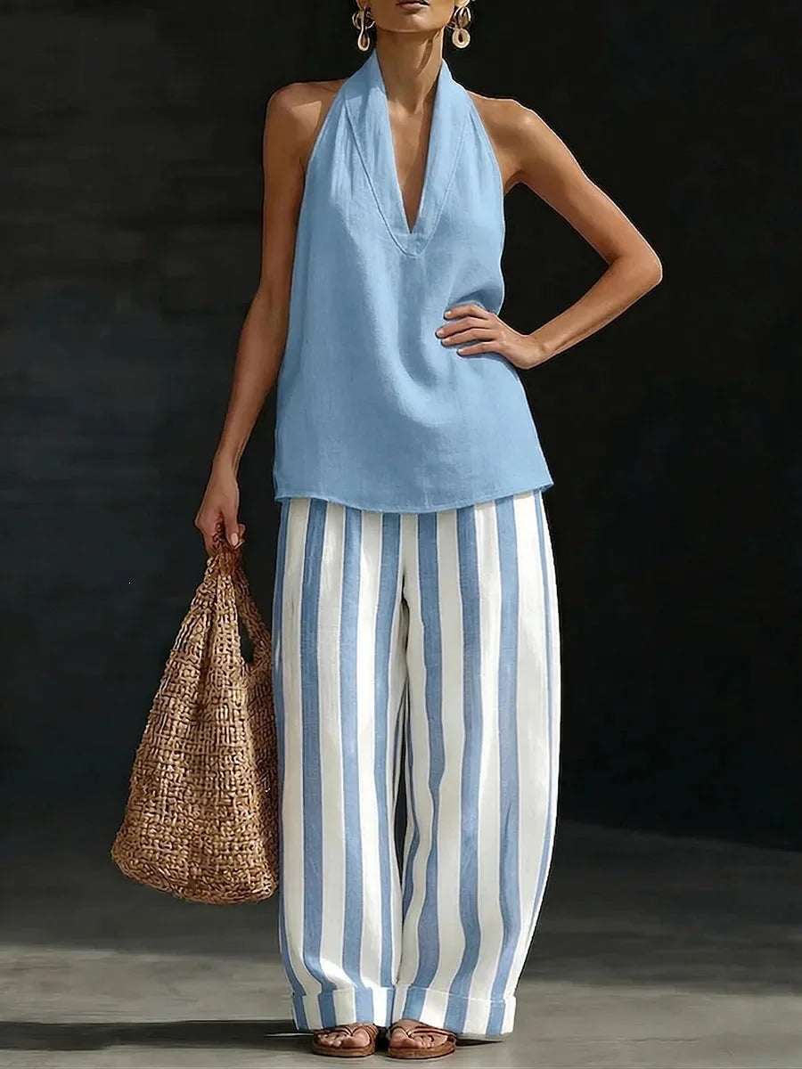 Women's Matching Set Linen Halter Tank Wide Leg Trousers Summer