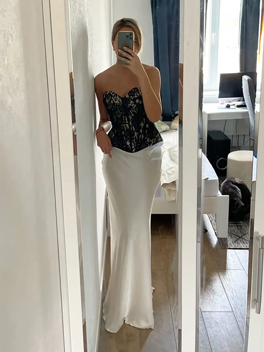 Women's satin maxi skirt — fishtail hem high waist — evening gala